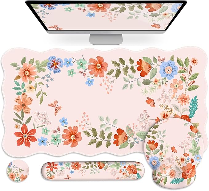 Pink Desk Cover Mat Ergonomic Mouse Pad with Wrist Support Girly Aesthetic Office Stuff Scalloped Floral Desk Protector for Office Must-Haves Work