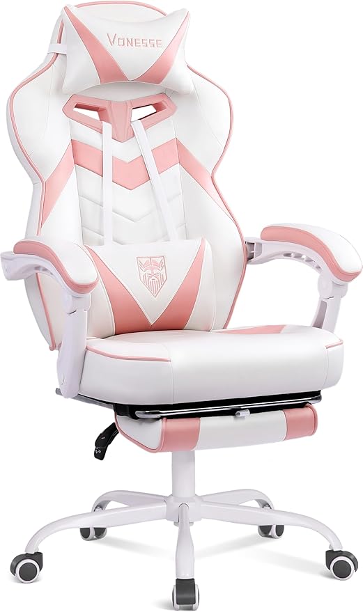 Vonesse Gaming Chair High Back Pink Gaming Chair with Footrest and Massage Gaming Chairs for Adults with Pocket Spring Cushion Big and Tall Reclining Computer Chair with Lumbar Support (White/Pink)