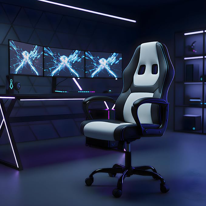 Office Chair Ergonomic Gaming Chair High Back Computer Desk Chair with Lumbar Support Adjustable PU Leather Gamer Chair Comfortable Racing Style for Adults Teens Kids (Classic Version White)