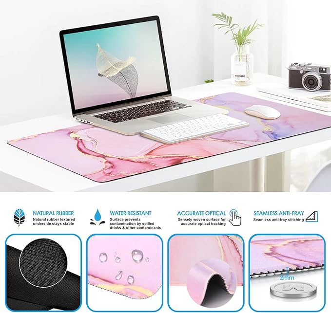 iCasso Desk Mat Gaming Mouse Pad Wrist Support Set4in1 XXL Large Mousepad + Keyboard Wrist Rest+Mouse Wrist Rest+Coaster Set with Ergonomic Design for Home Office Table Computer-Glitter Marble