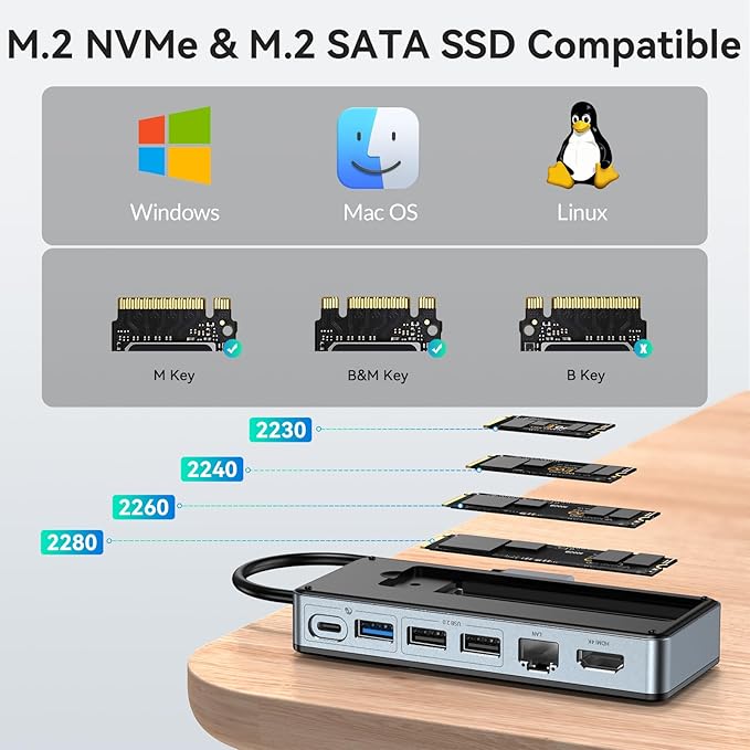 Yottamaster USB C Hub with 4TB M.2 NVMe SSD Enclosure 8 Ports USB C HUB Adapter 10Gbps USB 3.2 Gen2 4K@60Hz HDMI 100W PD Ethernet for Windows Mac [Diskless] - YM28PR