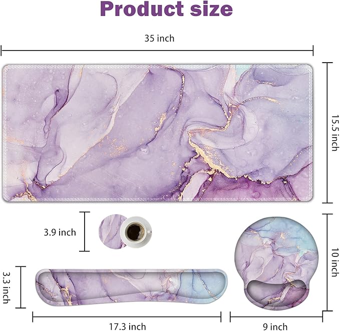 ARTSO Large Mouse Pad Ergonomic Keyboard Wrist Rest Support Set Memory Foam Gel Wrist Pad Extended Desk Mat Protector Non-Slip Desk Blotter Purple Blue Marble