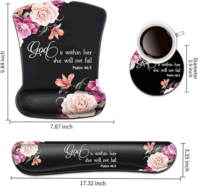 Keyboard Wrist Rest Pad and Ergonomic Mouse Pad Wrist Support Set Psalm 46:5 God is Within Her She Will Not Fall Peony Flower for Gaming  Office Comfortable and Pain Relief with Coaster Set
