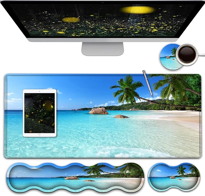 Gaming Mouse PadLarge Mouse Pad with Stitched EdgeNon-Slip Base Office Desk Pad Ergonomic Keyboard Wrist Rest SetWaterproof Writing PadBeach and Coconut Trees Pattern Extended XXL Desk Mat Set