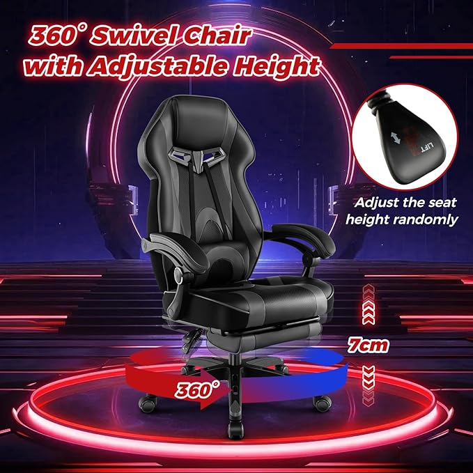 COSTWAY Gaming Chair Ergonomic Adjustable Racing Video Game Chair w/Retractable Footrest Padded Headrest &amp Lumbar Support High Back Reclining Home Office Computer Gamer Chair for Adults (Grey)