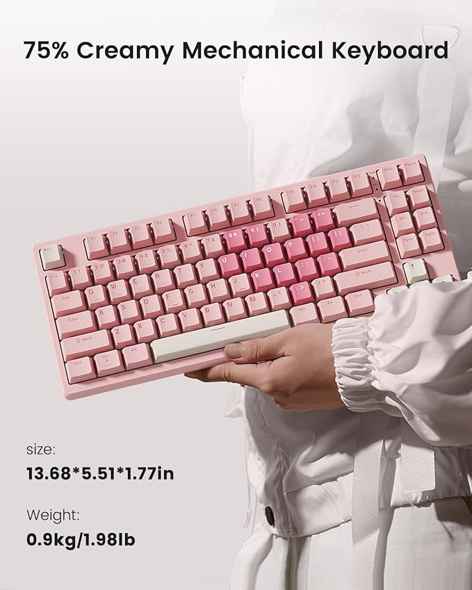 KN85 Wireless Mechanical Gaming Keyboard 75% Layout with RGB Backlit Custom Hot Swappable Creamy Sound Bluetooth/2.4GHz/USB-C Compatible with Windows/Mac/PC (Rose Pink Linear Switch)