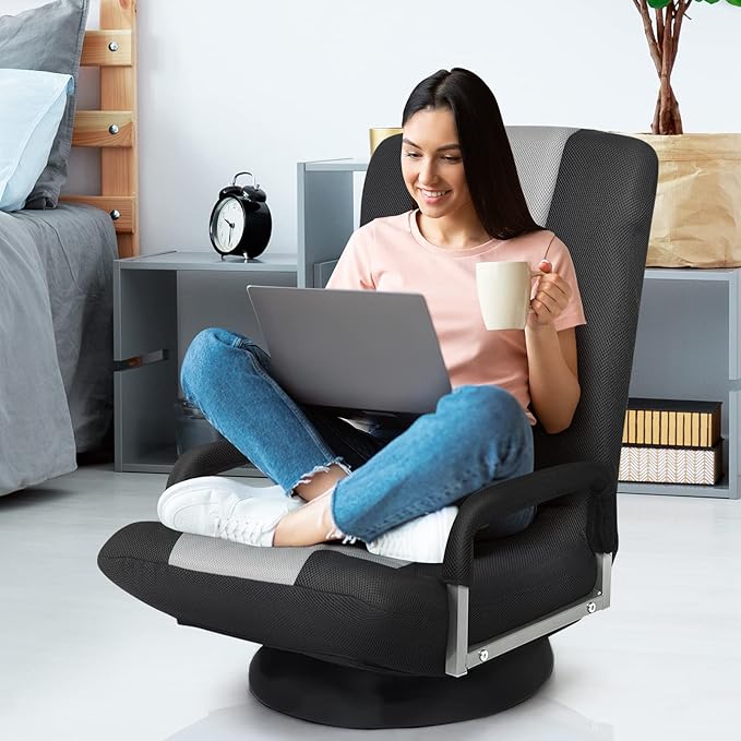 Giantex Floor Gaming Chair 360 Degree Swivel Floor Chair with Armrests 6 Adjustable Position Padded Backrest Folding Floor Chair Rocker for Games Lazy Sofa Lounger Gaming Chair Floor Black/Gray