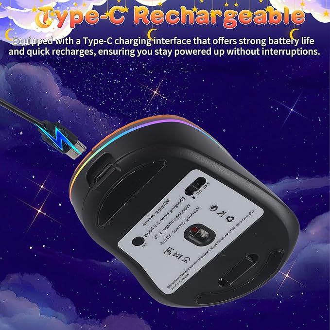 elec Space Bluetooth Wireless Mouse with Starry Sky RGB Backlight - Ergonomic Dual Mode Rechargeable Mouse Type-C Charging - Perfect for Office Gaming &amp Travel (Orange)