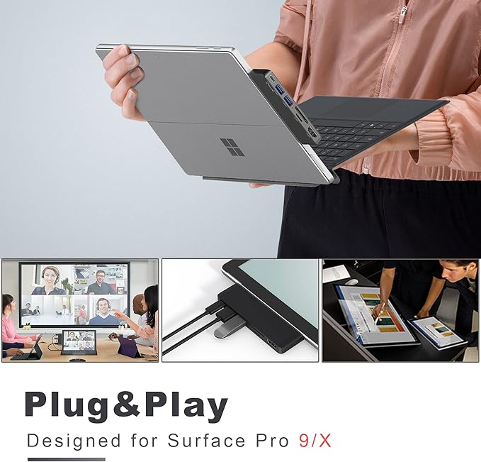Surface Pro 9/10/11/X Accessories Surface Pro 9 USB Hub Docking Station with 4K HDMI USB-C Thunerbolt 4 (Display+Data+PD Charging) 2 USB 3.0 SD/TF Card Reader for Surface Pro 9/Pro10/Pro11/ProX