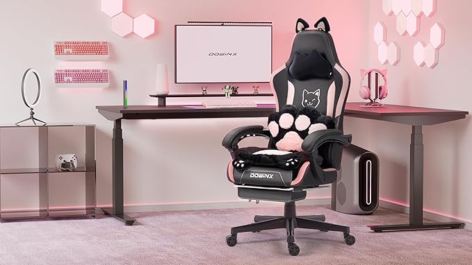 Dowinx Gaming Chair Cute with Cat Ears and Paw Lumbar Ergonomic Computer Chair for Girl with Footrest and Headrest Comfortable Reclining Game Chair 292lbs for Adult Teen Black