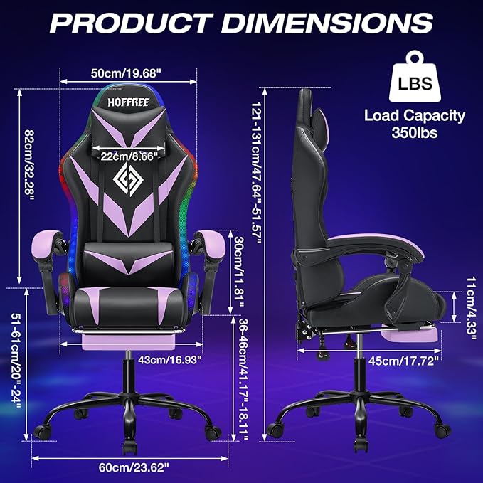 HOFFREE Gaming Chair with LED RGB Lights Massage Ergonomic Video Game Chairs with Footrest High Back Reclining Computer Chair with Adjustable Lumbar Support Purple and Black