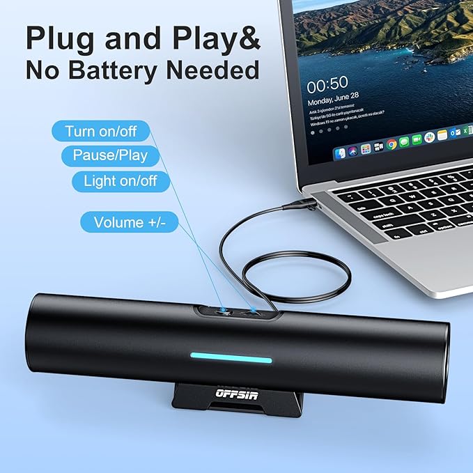 Computer Speakers for Desktop PC Monitor USB or Type C Plug-in Soundbar Clip-On Speaker Wired Laptop Gaming Speakers with Volume Wheel &amp One-Touch Mute Compatible with Mac Windows iPhone iPad