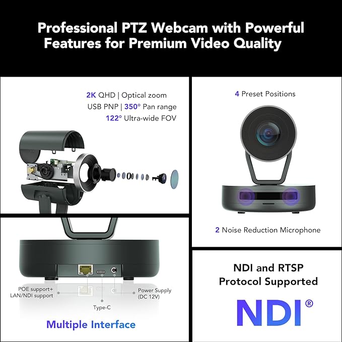 NEARITY V410 NDI PTZ Camera 2K 10x Hybrid Zoom Video Conference Webcam AI-Powered Noise Cancellation 4 Preset Positions 350° Pan&amp60° Tilt 120° FOV Remote Control for Zoom/Teams/Google Meet