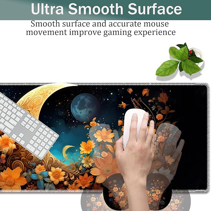 Large Game Mouse Pad + Wrist Support Pad + Coffee Coaster Desk Pad with Sewn Edges Anti-Slip Set pad Suitable for Office Work and Home - Flowers Moon Star