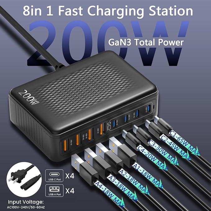 200W USB C Charger BlockUpgraded GaN III 8-Port Fast Charging Station HubPD 65W Laptop Charger Adapter Compatible with MacBook Pro/AirDELLSteam DeckiPhone 16/15/14Galaxy S23/22 etc (Black)