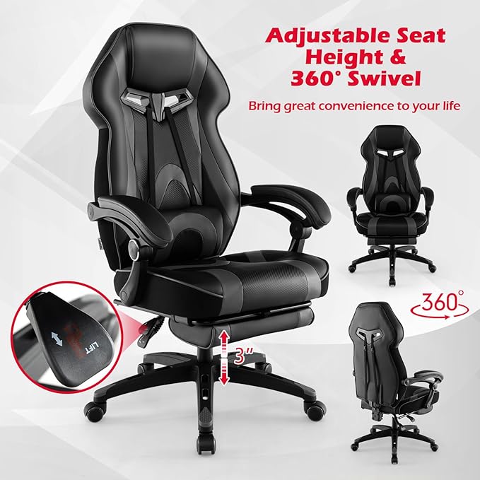 Giantex Gaming Chair with Footrest for Adults Reclining Video Game Chair w/Lumbar Support Racing Style Ergonomic Office Computer Chair Height Adjustable Swivel Gamer Chair for Gaming (Grey)
