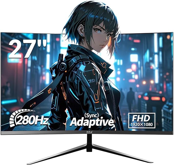 ZZA Monitor 27 inch 280Hz|240HzMonitor Gaming FHD 1080P 1800R VA Screen Curve Computer Monitor 100% sRGB 4000:1 Contrast HDR FreeSync1Ms Low Blue Light HDMI DP Ports DP Cable Incl