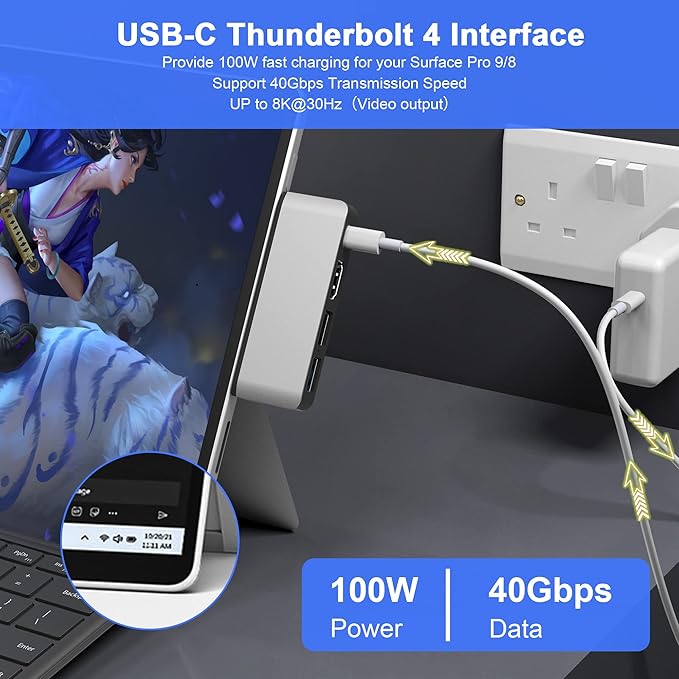 Surface Docking Station with 4K HDMI+USB-C Thunderbolt 4 (Display+Data+PD 100W)+USB 3.0/2.0+TF Card Slot Triple Display USB C Hub for Surface Pro 8