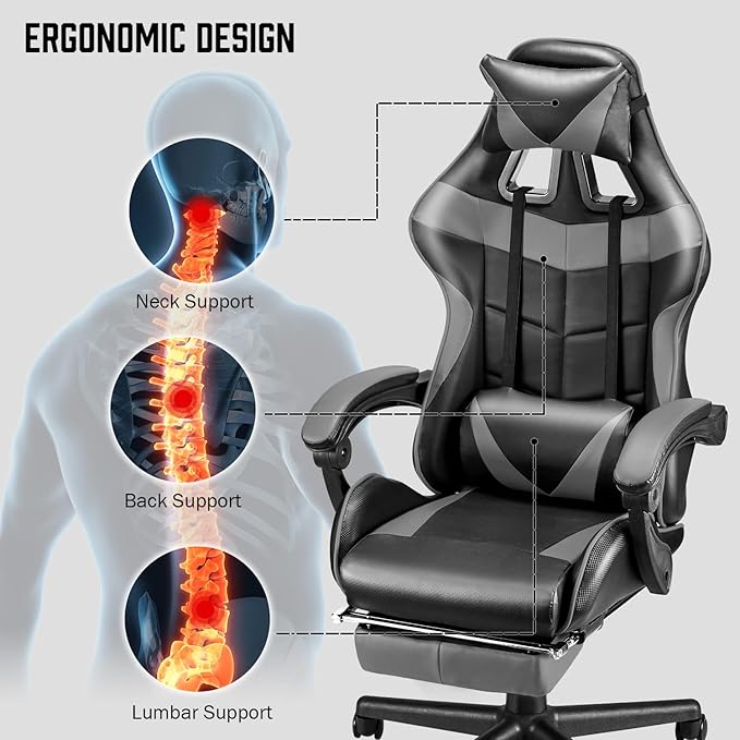 Huracan Gaming Computer Chair with Footrest Adjustable Video Game Chairs for Adults Heavy Duty Office Chair with Headrest and Lumbar Support Grey