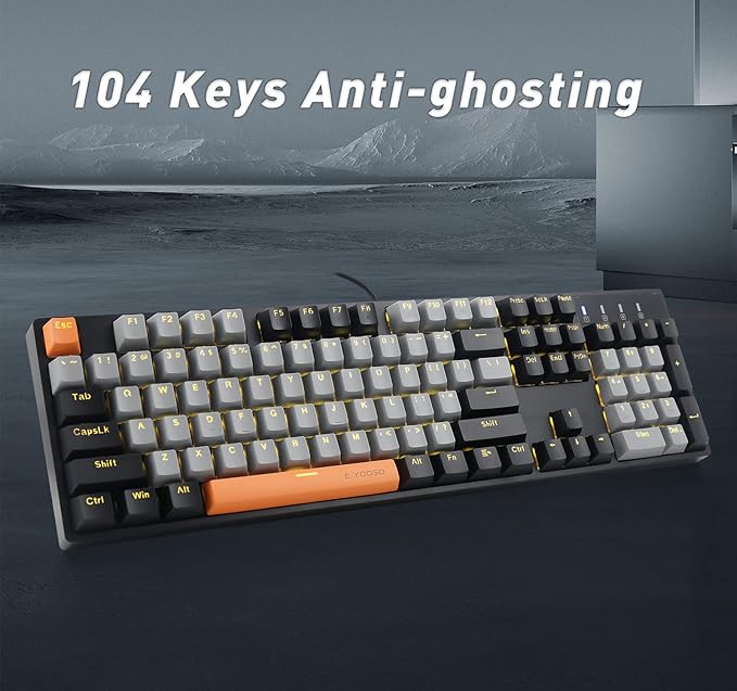 E-YOOSO Z-14 Wired Mechanical Gaming Keyboard 104 Key Red Switch Hot Swappable Full-Size Office Work Computer Keyboards Solid Yellow Backlit Mechanical Keyboard for PC Mac Black