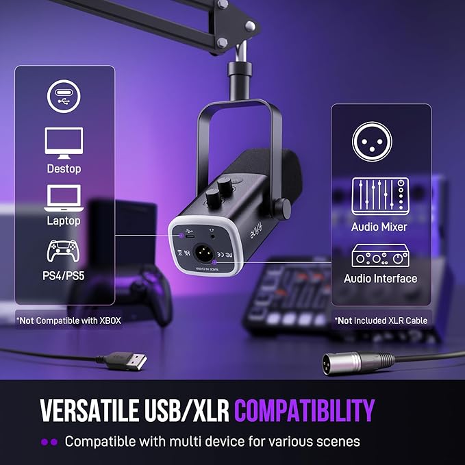 FIFINE XLR/USB Gaming Microphone Set Dynamic PC Mic for Streaming Podcasting Computer RGB Mic Kit with Boom Arm Stand Mute Button Headphones Jack for Recording Vocal Voice-Over-AmpliGame AM8T
