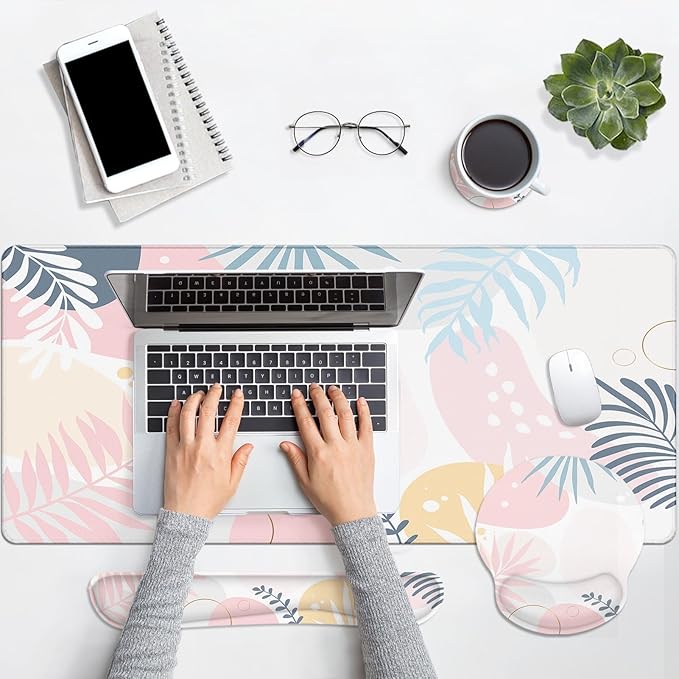 Arttown Pink Flower Botanical Desk Mat Leaves Vintage Mouse Pad Set with Wrist Support 4-in-1 Large Mousepad+Keyboard Wrist Rest+Mouse Wrist Rest+Coaster with Ergonomic Design Non-Slip Mat