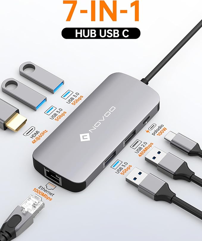 NOVOO USB C Hub Ethernet 4K@60 USB C HDMI Adapter Multiport Type C Adapter 4 USB 3.0 &amp USB2.0 Dongle 100W PD Dock Docking Station for MacBook Pro Air Apple iPad Pro Steam Deck Dell HP Lenovo 7-in-
