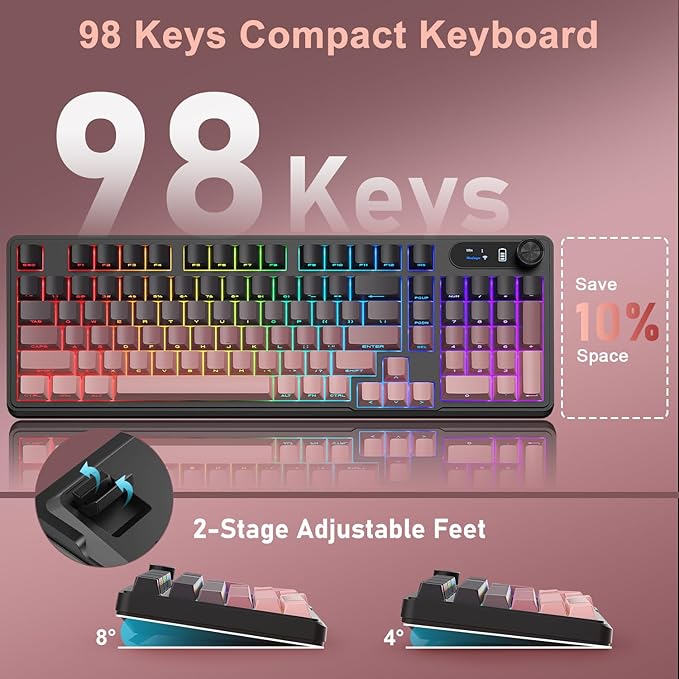 BlueFinger Wireless Gaming Keyboard RGB Backlit Tri-Mode Bluetooth/2.4G/USB-C 98 Keys Quiet Keyboard with Number Pad Volume Knob &amp Screen Side Printed PBT Keycaps for PC/Mac/Laptop