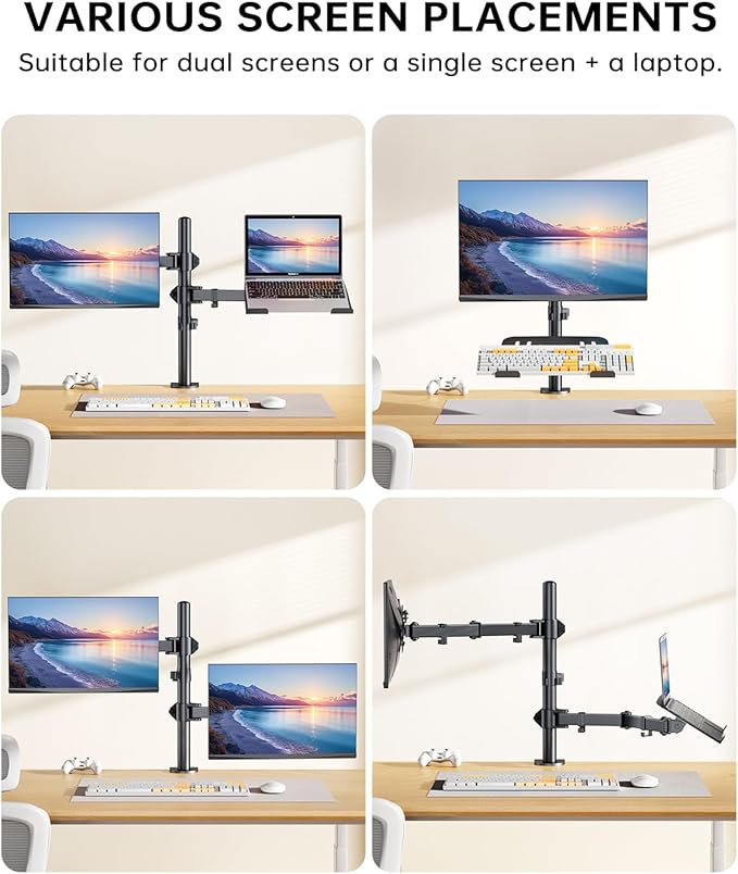 H&ampC(hcck&ampCllassp) Monitor and Laptop Mount Stand for 13 to 32 Screens Adjustable Monitor Arm Stand with Tray for 11-17” Laptop Holds 18lbs/Arm C-Clamp 75x75/100x100 VESA