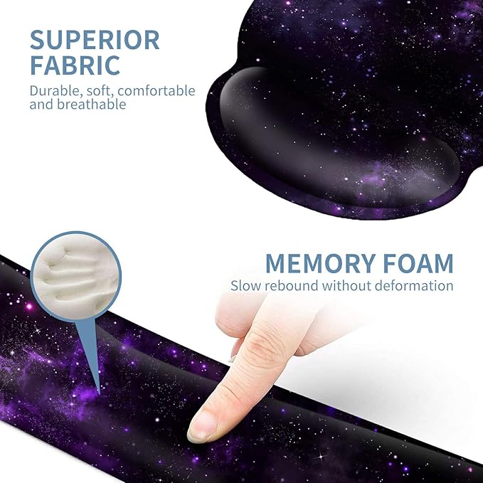 Keyboard Wrist Rest and Mouse Wrist Rest Pad Set Made of Memory Foam with Non Slip Rubber Base Ergonomic Gel Wrist Rest for Computer Keyboard Gaming Office Working with Purple Galaxy Coaster
