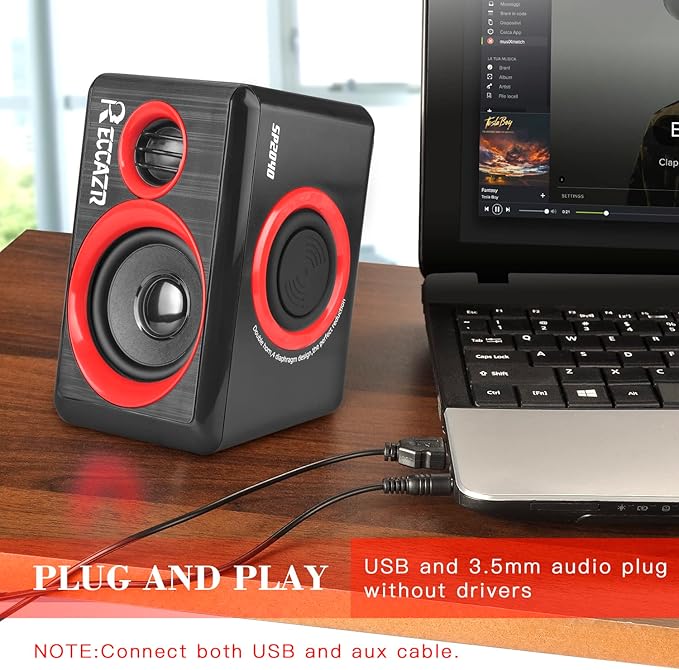 Computer Speakers 2.0 CH PC Speakers with Surround Sound USB Wired Laptop Speakers with Deep Bass for Desktop Computer/PC/Laptops/Smart Phone Build-in 4 Loudspeaker Diaphragm Reccazr SP2040|RED