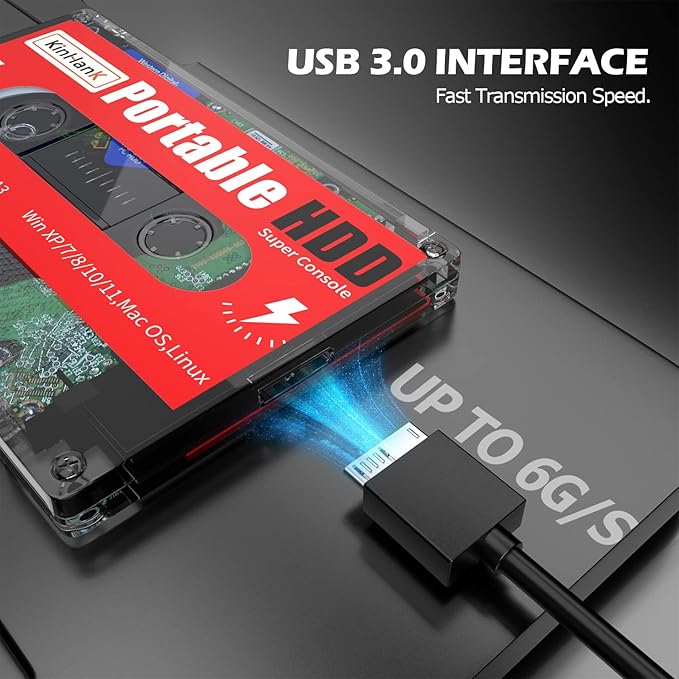 Kinhank 2T HDD Portable External Game Hard Drive Built-in 120000+ Games Batocera 33 System Compatible with 70+ Classic Emulators Support for Windows/Laptop/PC/Mac 2 Wireless Controllers