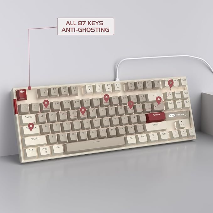 MageGee 75% Mechanical Gaming Keyboard Brown Switch LED White Backlit 87 Keys Compact TKL Wired Computer Keyboards for Windows Laptop PC Gamer - Retro Grey/White