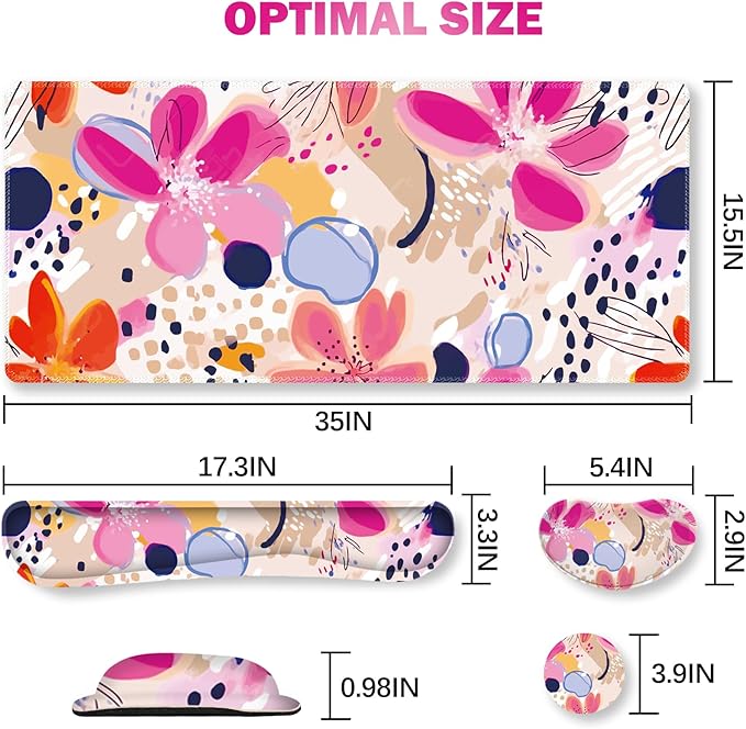 ARTSO Keyboard Wrist Rest Mouse Pad Set Extended Gaming Mouse Pad+Keyboard Wrist Support Memory Foam Ergonomic Abstract Flower Desk Pad Combo for Home Office Study Game