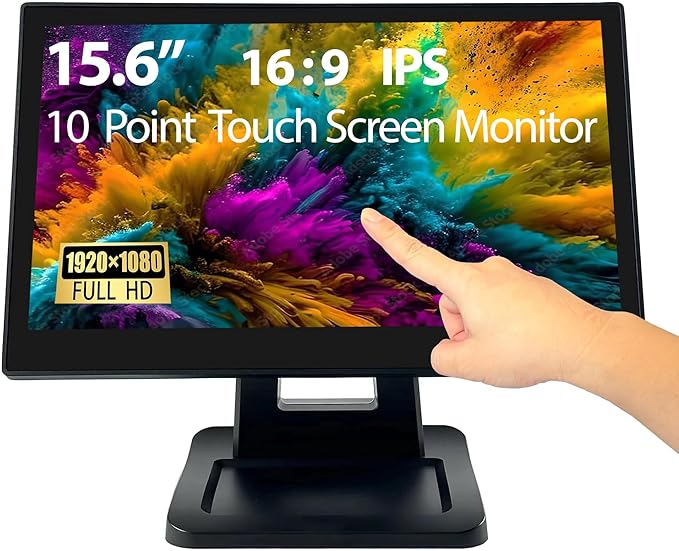 ANGEL POS 15.6 Inch 1920 x 1080 FHD IPS Touchscreen POS Monitor with Metal Stand 10 Points Touch HDMI VGA Waterproof Dustproof Screen 1080P Indusitrial Office Retail Gym Warehouse (Black)