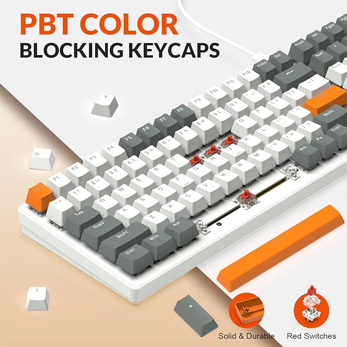 ZIYOU LANG K3 Mechanical Wired Gaming KeyboardLED Rainbow Backlit Linear Red Switch 100 Keys Full Anti-ghostingErgonomic Durable ABS Mixed Color Keycaps with Coiled Type-C to USB Cable-White