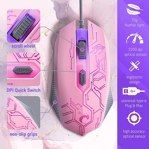 Pink Gaming Keyboard and Mouse Headset Headphones and Mouse pad Wired LED RGB Backlight Bundle Pink PC Accessories for Gamers and Xbox and PS4 PS5 Nintendo Switch Users - 4in1 Edition Hornet RX-250