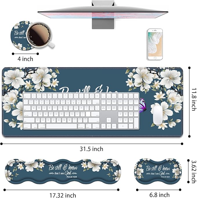 4 in 1 Ergonomic Keyboard Wrist Rest &amp Mouse Pad Wrist Rest SetLarge XXL Gaming Desk Mat 31.5x 11.8 with Non-Slip BaseMemory Foam for Home Office Study GamingFloral Quote Bible Verse Psalm 46