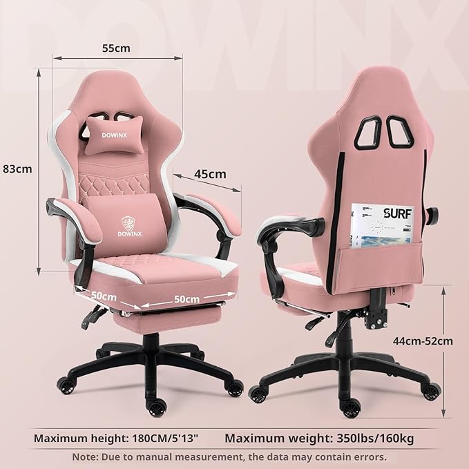 Dowinx Gaming Chair Breathable Fabric Game Chair with Gel Pad and Storage Bag Comfortable Gamer Chair with Pocket Spring CushionErgonomic Computer Chair with FootrestPink