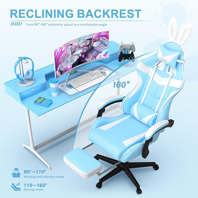 Soontrans Light Blue Gaming Chair with FootrestLovely Cute Bunny Computer Gamer ChairKawaii Desk Chair for GranddaughterSisterGirlfriendWife and Love