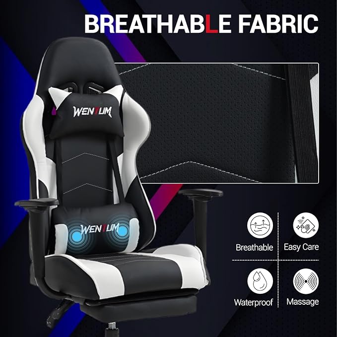 Gaming Chair Video Game Chair with Footrest Massage Computer Chair with PU LeatherLumbar Support for Men Women Home Office Height Adjustale Ernogomic Gaming Chair High Back White