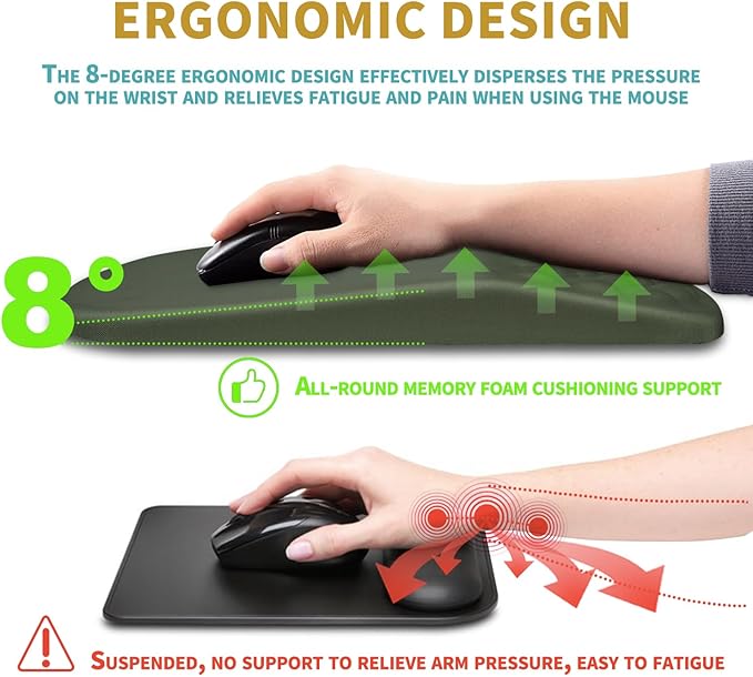 Hokafenle Ergonomic Mouse Pad Wrist Support with Massage Design Wrist Rest Pain Relief Mousepad with Memory Foam&ampNon-Slip PU Base Mouse Pads for Wireless Mouse &amp Desk (12x8 inchOlive Green)