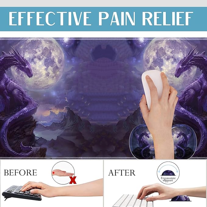 3-in-1 Large Mouse Pad Gaming Set (31.5 x 11.8 inch)+ Wrist Rest Pad + Coaster Memory Foam Gel Wrist Rest Pad for Pain Relief Stitched Edges Non-Slip Table Mat Starry Purple Dragon