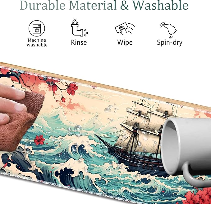 Mouse Pad Combo Large Gaming Mouse Pad + Keyboard Wrist Support + Mouse Wrist Rest + Coaster Table Pad 31.5 x 11.8 with Memory Foam Ergonomic Wrist Pad Set Pirate Ship Landscape Pattern