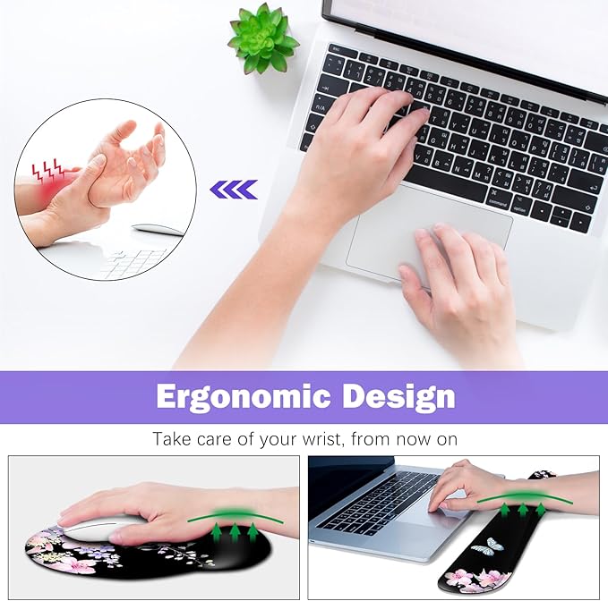 ARTSO Large Mouse Pad Ergonomic Keyboard Wrist Rest Support Combo Psalm 46:5 God is Within Her She Will not Fall -Bible Verse Flower Butterfly Extended Desk Mat Blotter