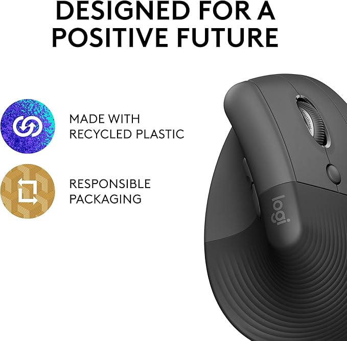 Logitech Lift Vertical Ergonomic Mouse Wireless Bluetooth or Logi Bolt USB Receiver Quiet clicks 4 Buttons Compatible with Windows/macOS/iPadOS Laptop PC - Graphite (Renewed)