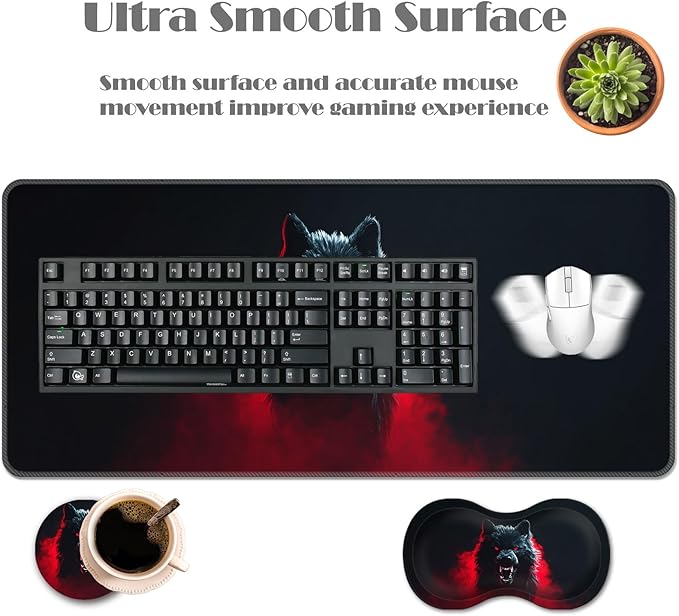 Ergonomic Keyboard Wrist Rest &amp Mouse Pad Wrist Rest SetXL Gaming Desk Mat 31.5x 11.8Non-Slip BaseMemory FoamEasy Typing Pain Relief for Office &amp HomeWolf Red Smoke