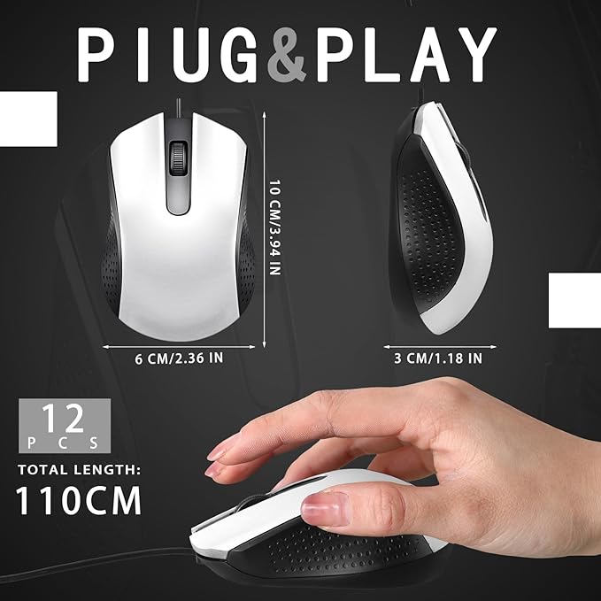 Hoteam 12 Pcs White Wired Computer Mouse Bulk Cord USB Computer Mice Ergonomic Wired Mouse for Pcs Computers Laptops Gaming Office Home Supplies