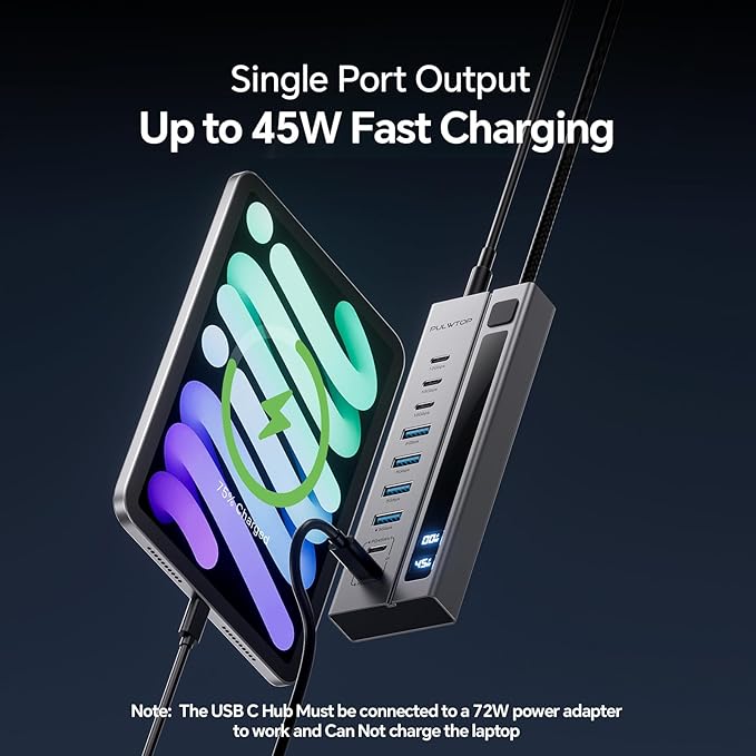 Powered USB C Hub 9-in-1 USB-Hub suppprt 10Gbps &amp PD 45W Max Charging(Not Support Video) USB Powered Hub with 3 USB-C 4 USB-A for Laptop MacBook iPad and More (72W Adapter Included)