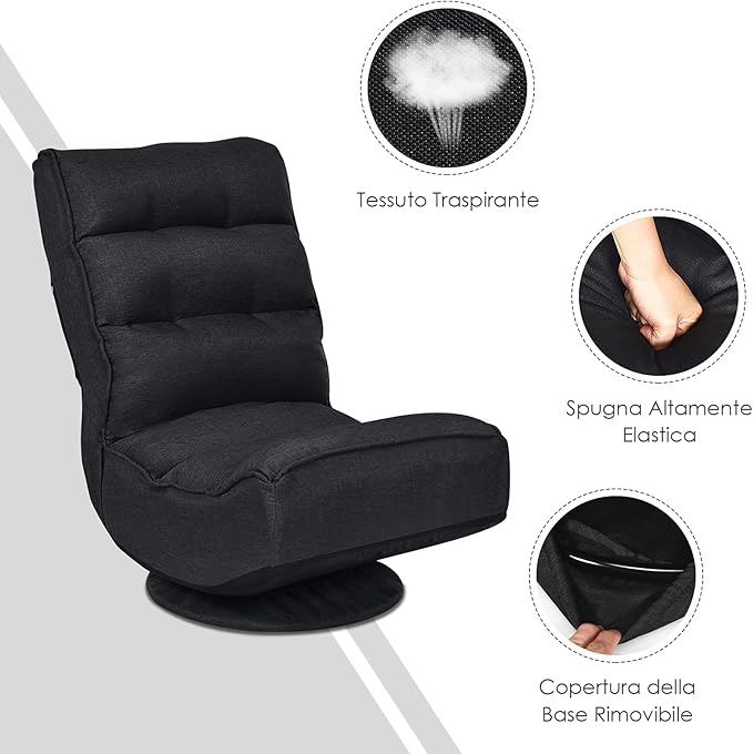 Rainfally 360-Degree Swivel Floor Sofa Chair Folding Gaming Chair w/ 5-Position Adjustable Backrest &amp Comfortable Sponge Padded Lazy Sofa Lounge Chair for Reading TV Watching or Gaming (Black)